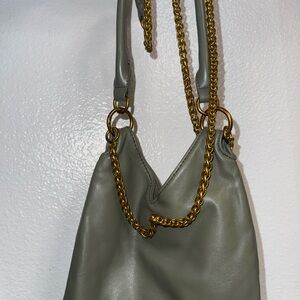 Elegant Gray Leather Bag with Gold Chain
